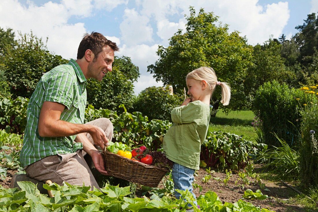 A father and daughter carrying a basket of freshly harvested vegetables