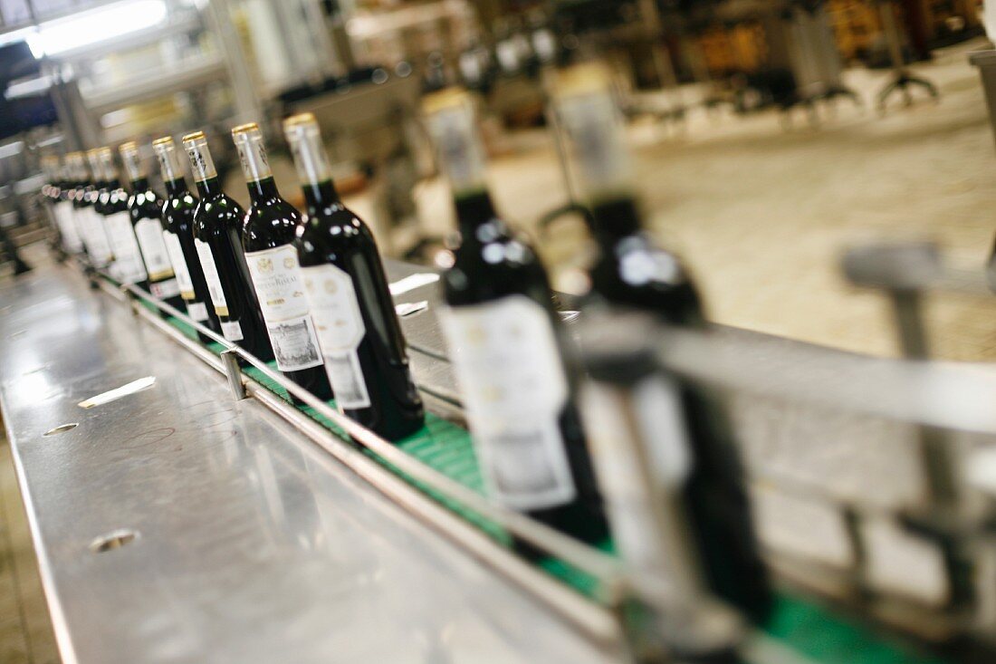 Wine Bottles Moving Down Conveyer at Marques de Riscal Winery in Rioja, Spain