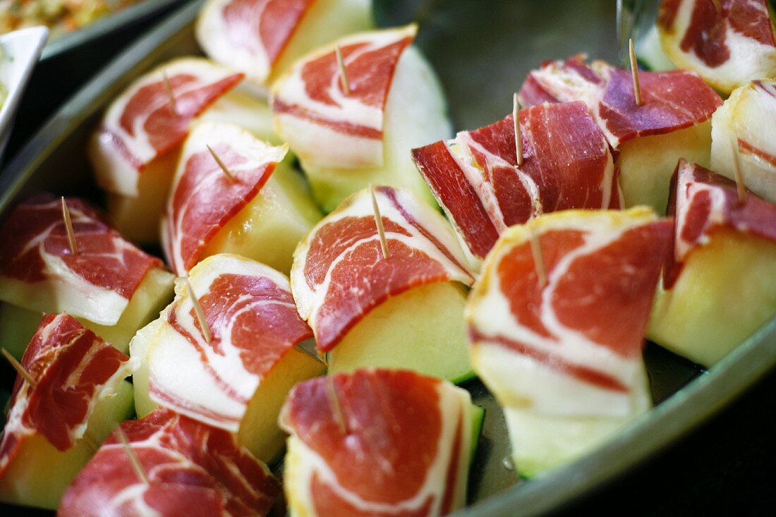 Restaurant Tapas Buffet in Zaragoza, Spain with Iberian Ham with Mellon