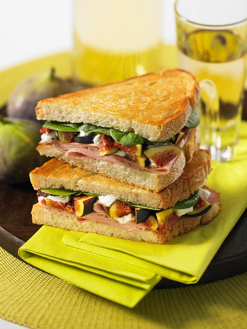 Toasted ham, feta, fig and spinach sandwiches