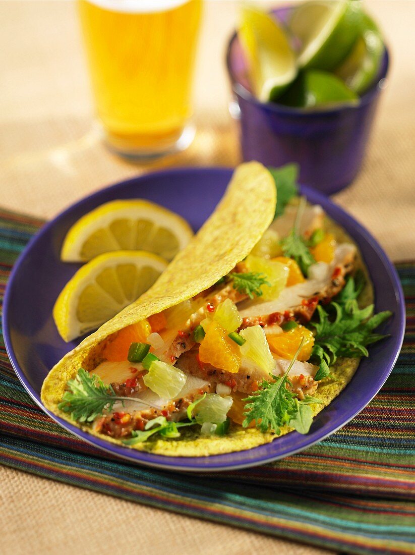 Corn tortilla filled with chicken breast and citrus salsa