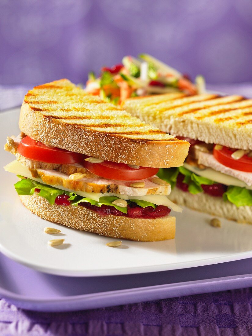 Toasted turkey sandwich with cranberry sauce