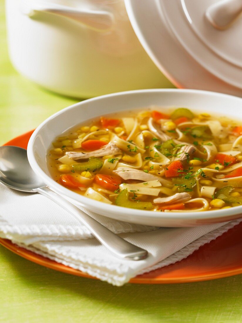 Chicken noodle soup with celery, carrots and sweetcorn