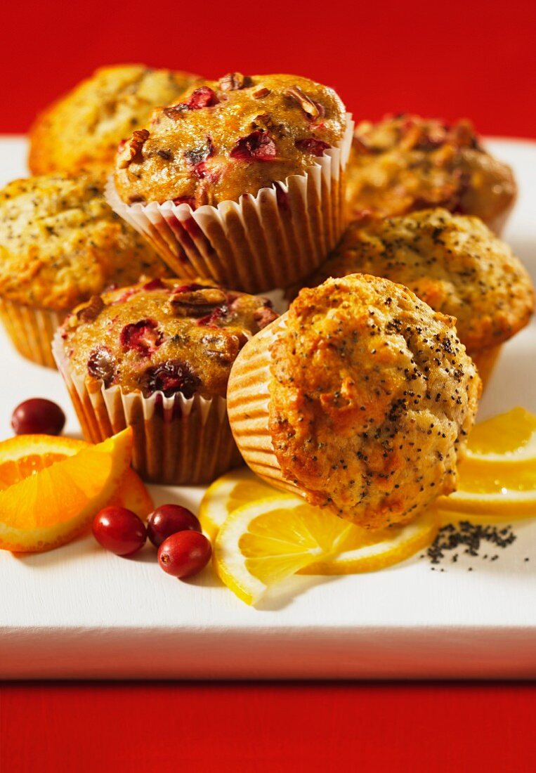 Cranberry and orange muffins and lemon and poppy seed muffins