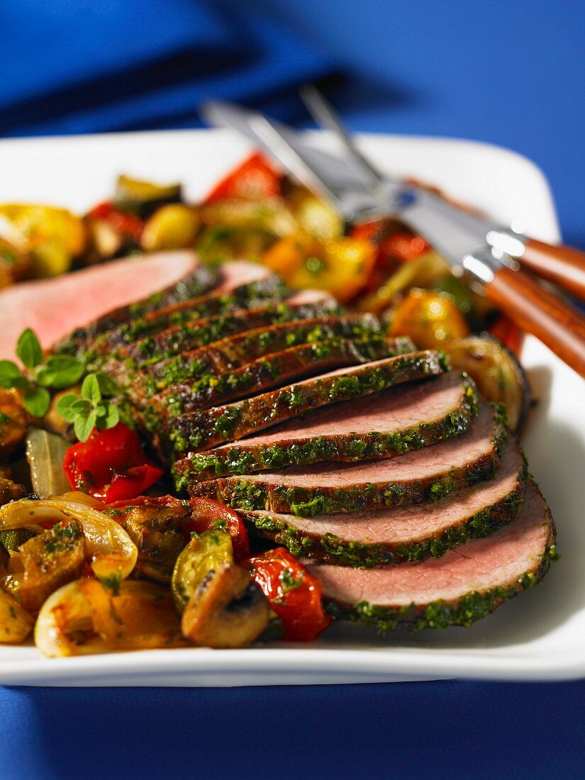 Mediterranean roast beef with roasted vegetables