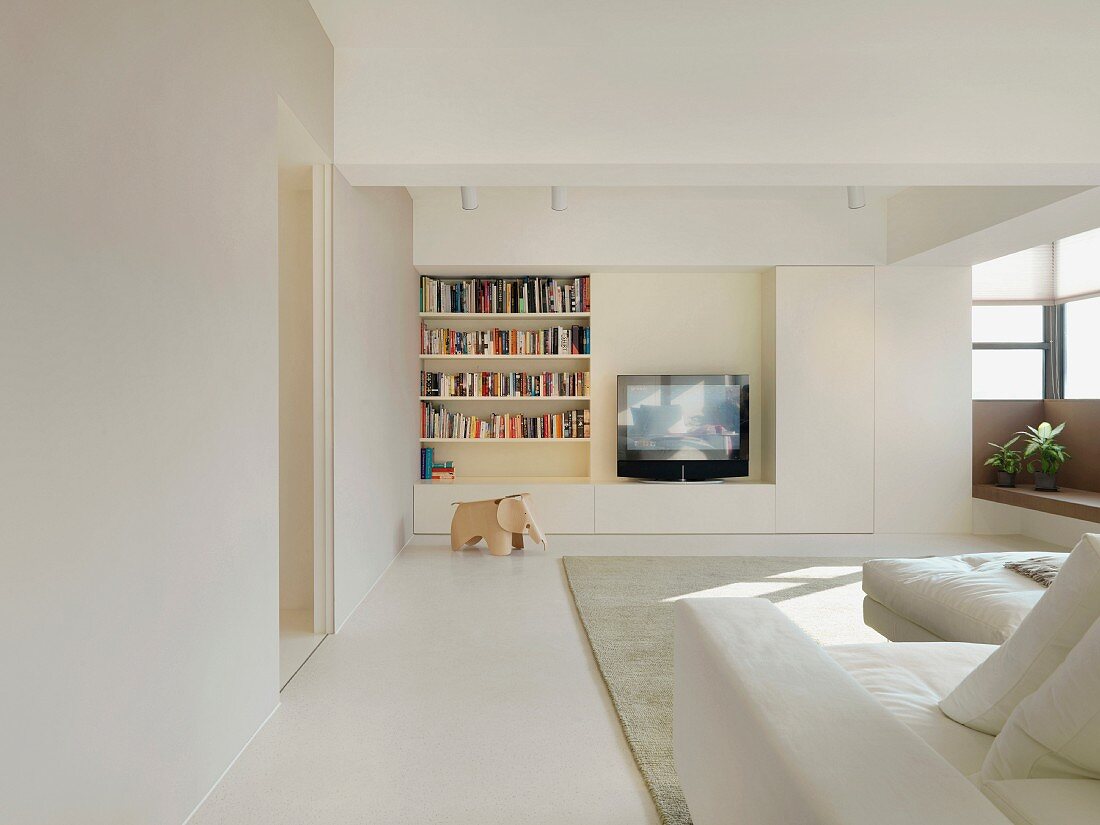 Modern living room with bookcase and television