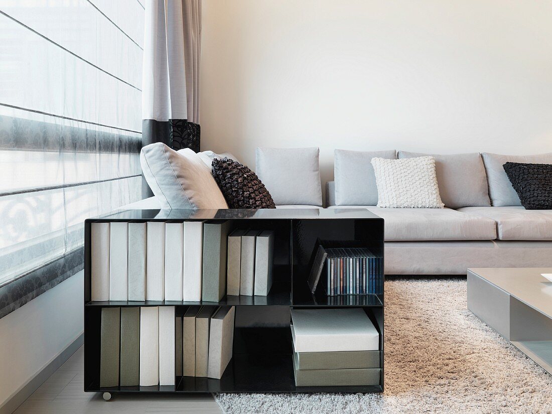 Open rolling storage container next to a window with a curtain and a modern sofa in a living room