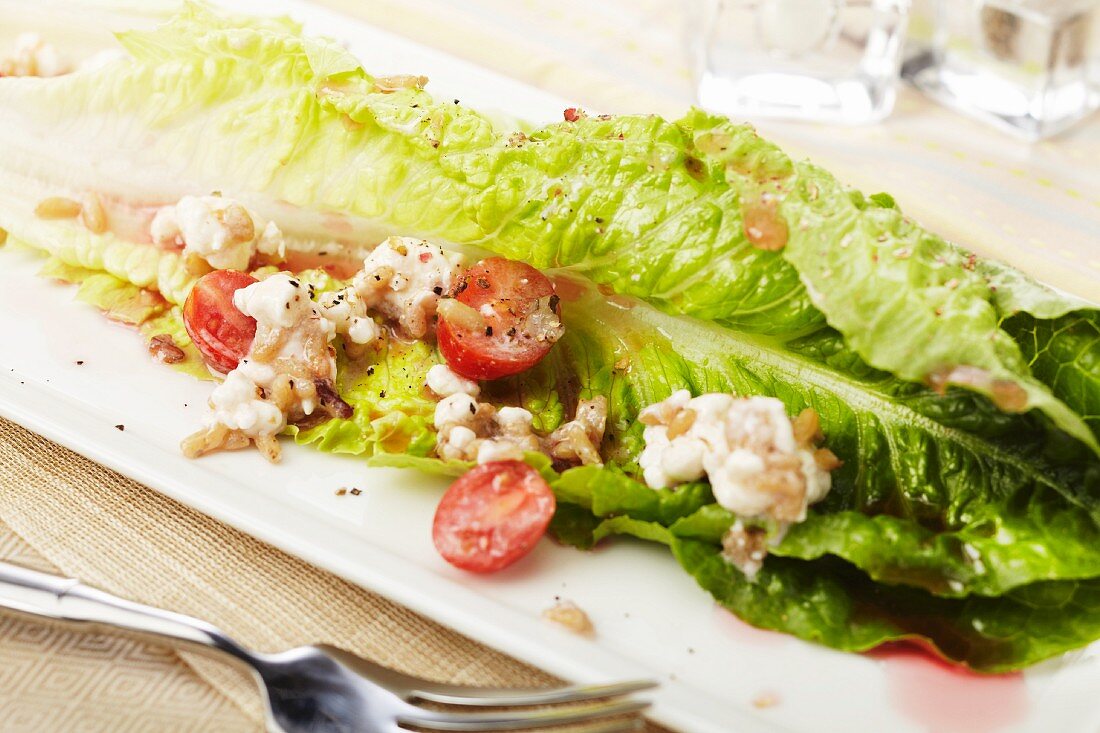Romain Lettuce Salad with Feta Cheese, Tomato and Vinaigrette Dressing