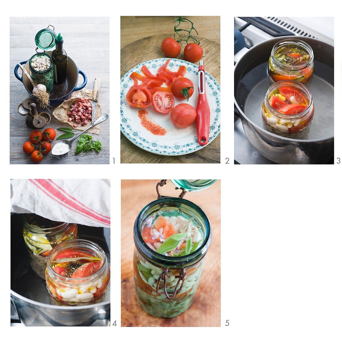 Tomatoes and white beans being preserved