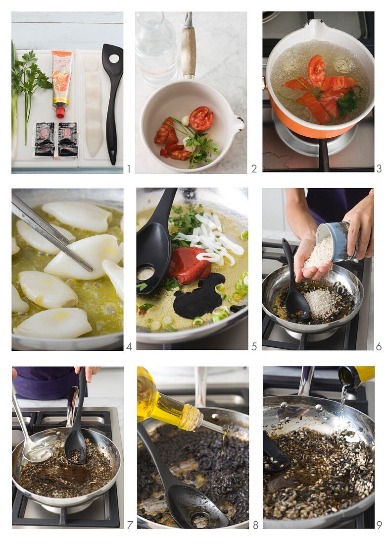 Risotto nero di seppia (squid risotto, Italy) being prepared