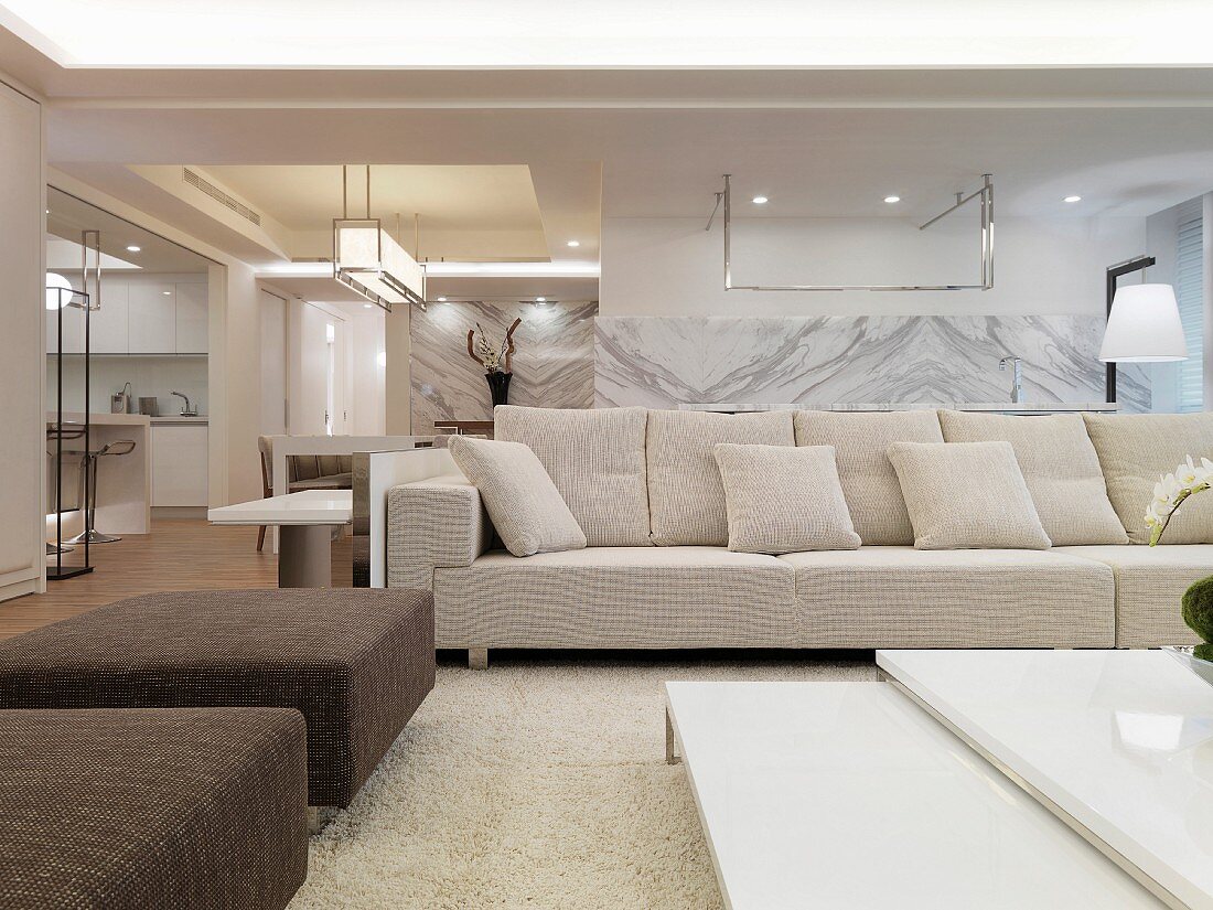 Modernes Sofa im offenen Wohnraum mit Marmorwänden