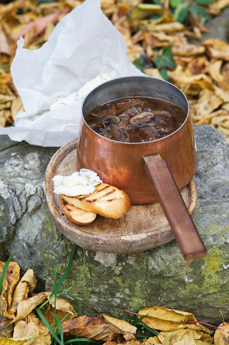 Autumnal onion soup with mushrooms
