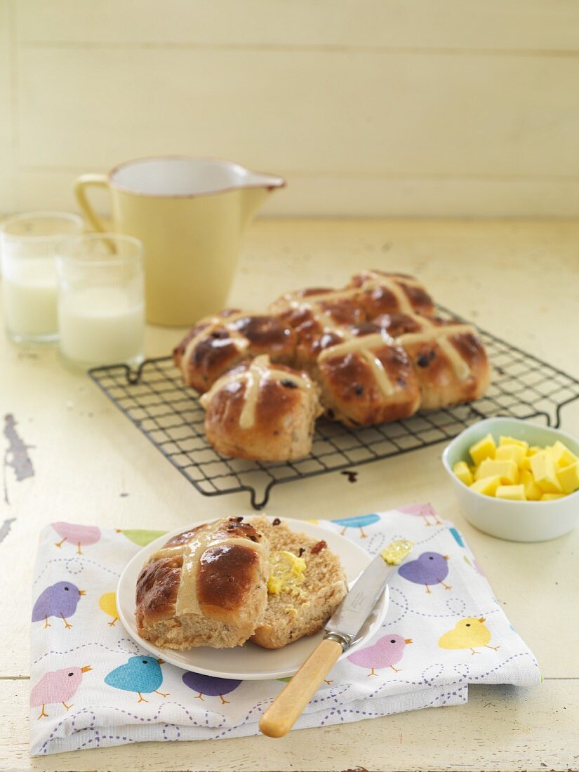Hot cross buns with butter for Easter