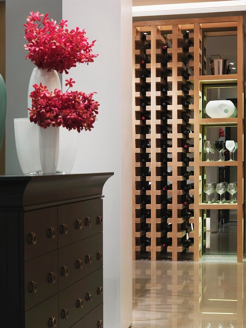 Hallway and wooden wine rack in modern home