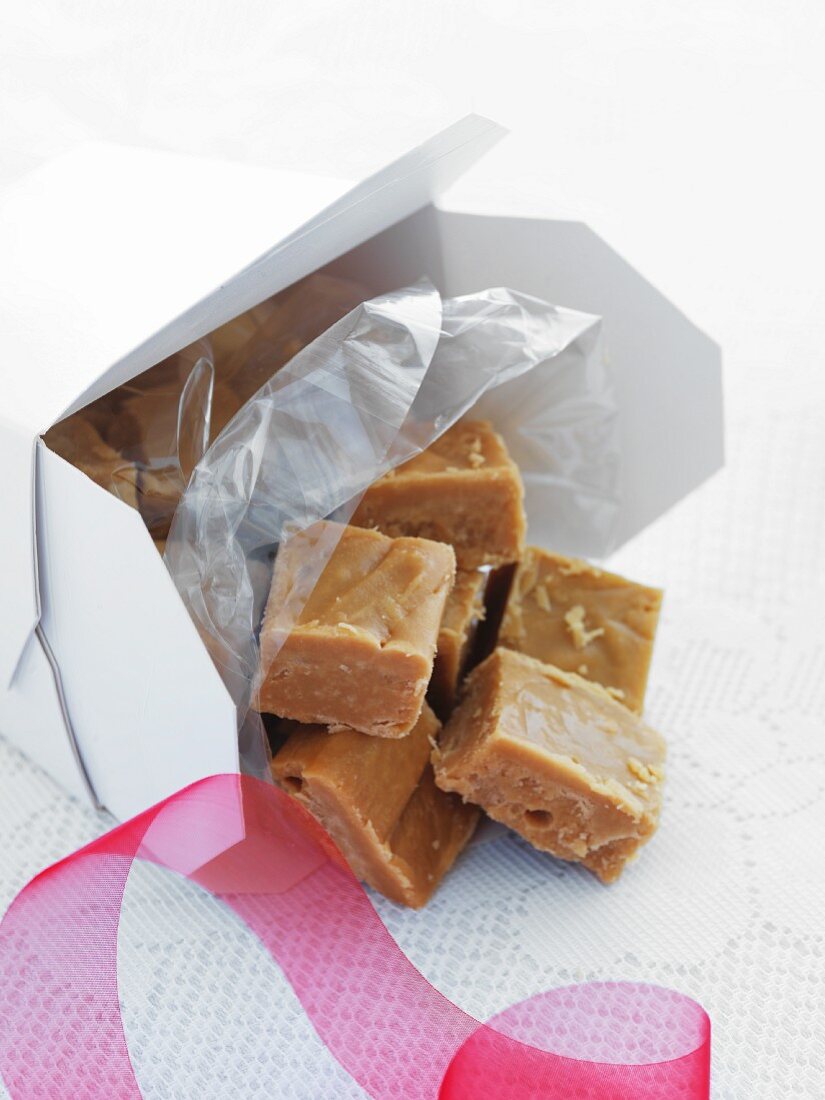 Russian fudge falling out of a gift box