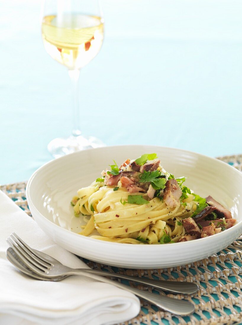 Tagliatelle with smoked fish and bacon
