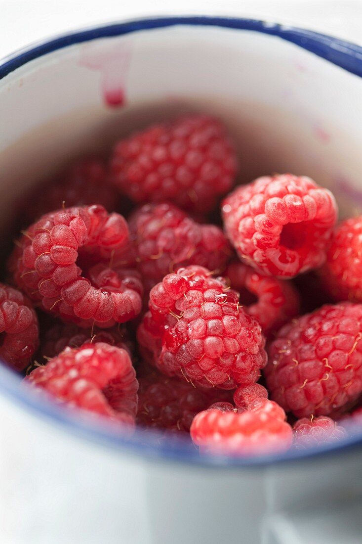 Close up of bowl of raspberries