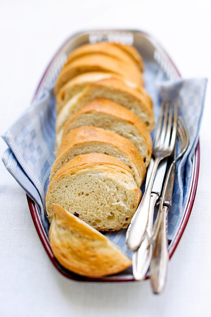 Sliced white bread in a bread basket