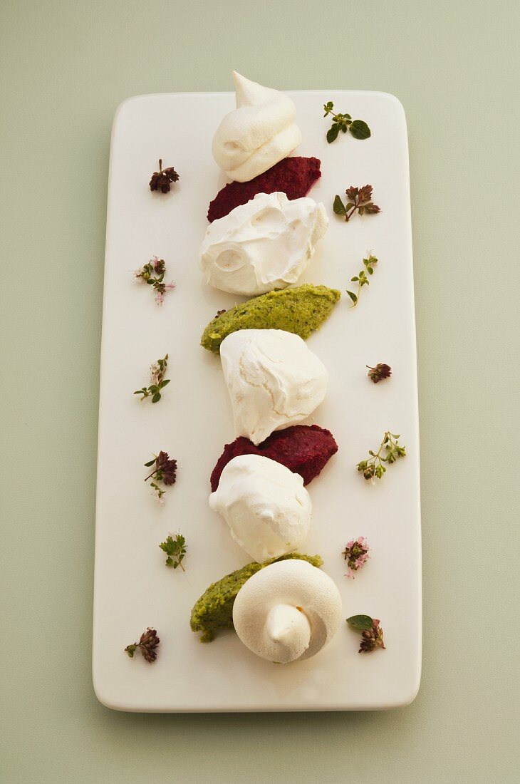 Meringue with vegetables and herb mousse