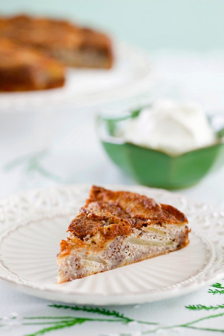 A slice of apple and nut cake
