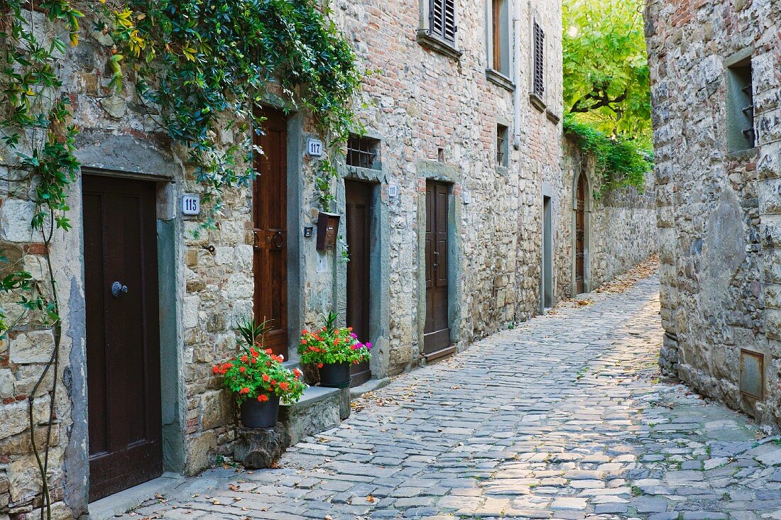 Stone Buildings in Hill Town Street at Sunrise