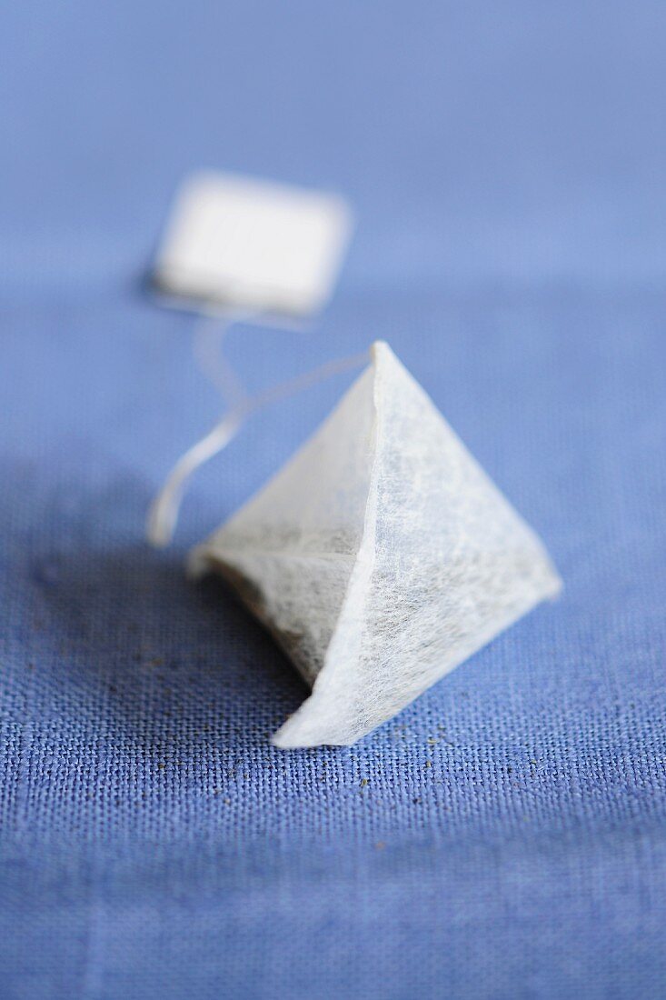 A pyramid-shaped tea bag