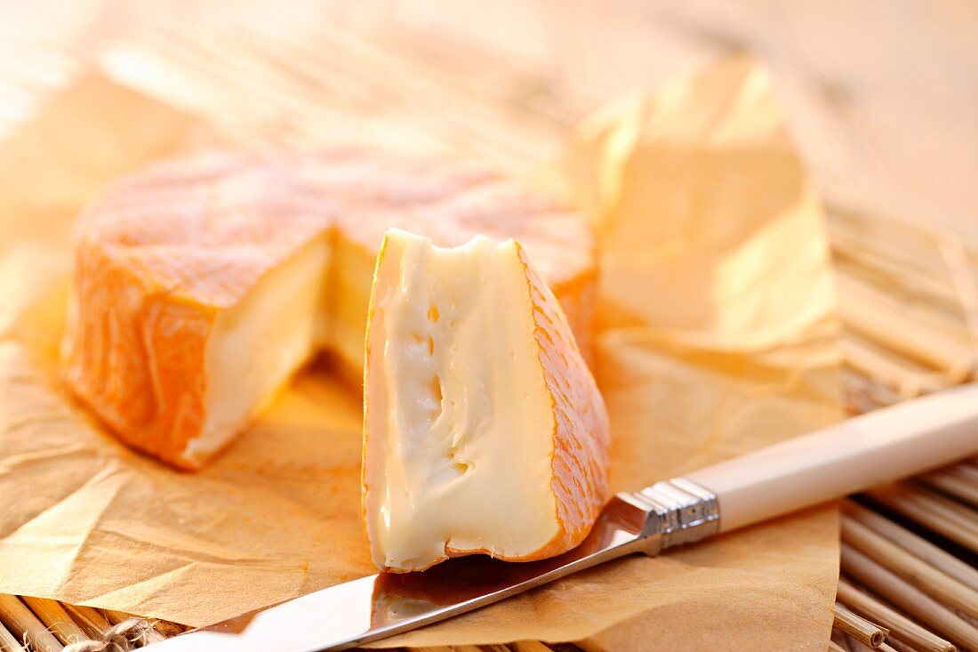 Chaumes cheese on paper with a cheese knife