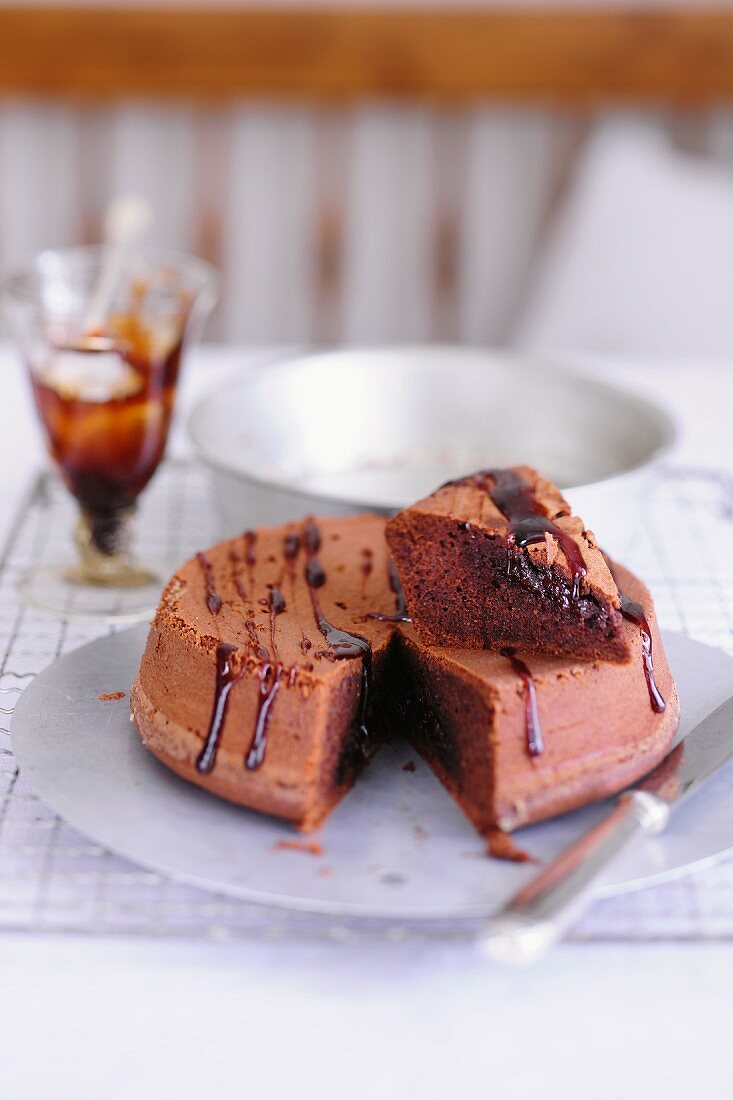 A chocolate cake drizzle with tea syrup