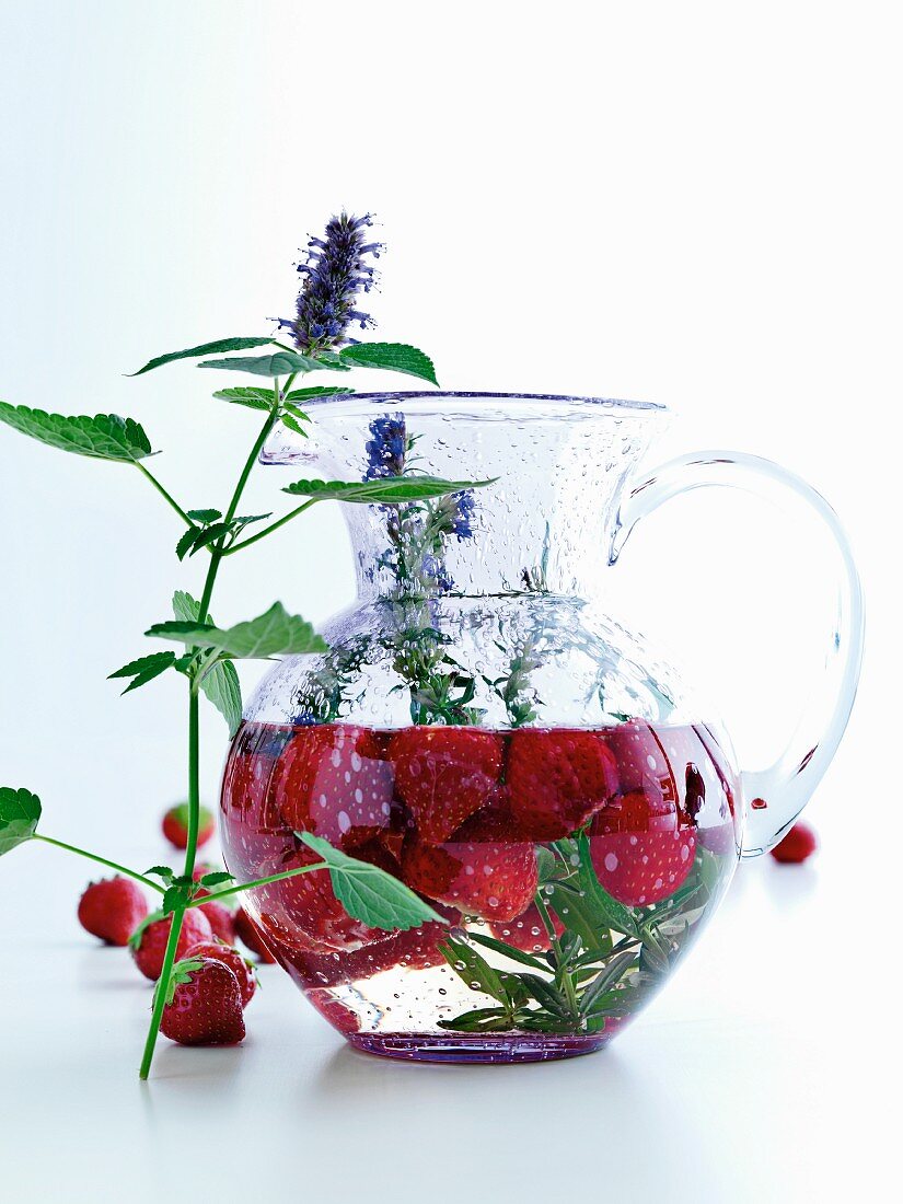 Erdbeeren mit Kräutern und Wasser in einem Krug