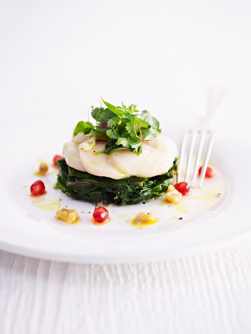 Scallop slices with a wild herb salad on a bed of spinach