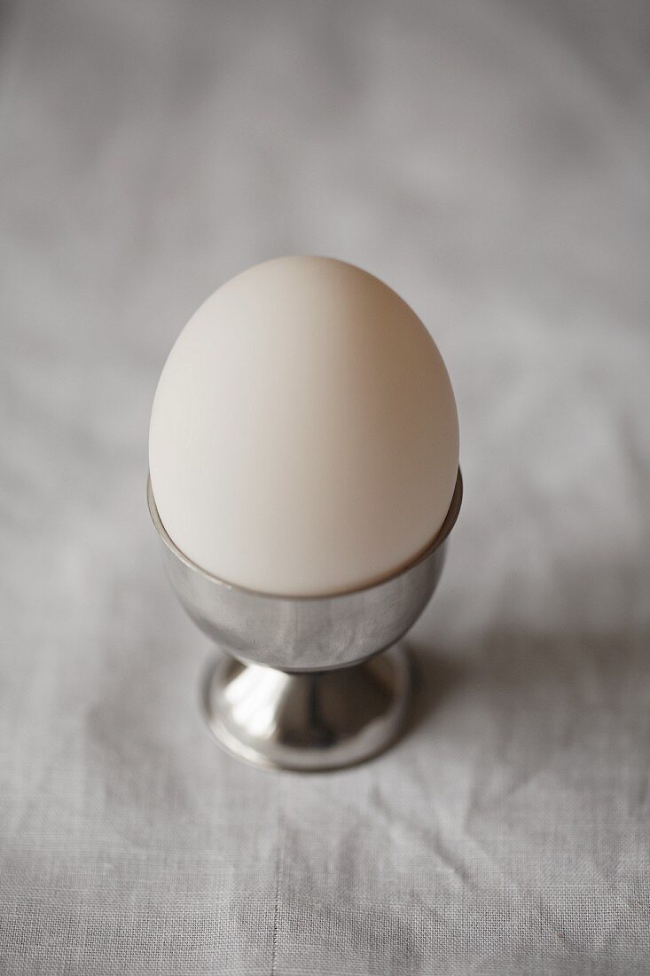 A white duck egg in a silver egg cup