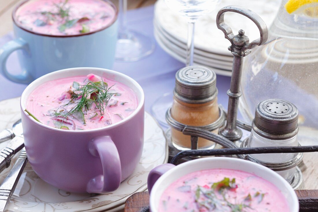 Cold beetroot soup with turnips, cucumber, herbs and kefir