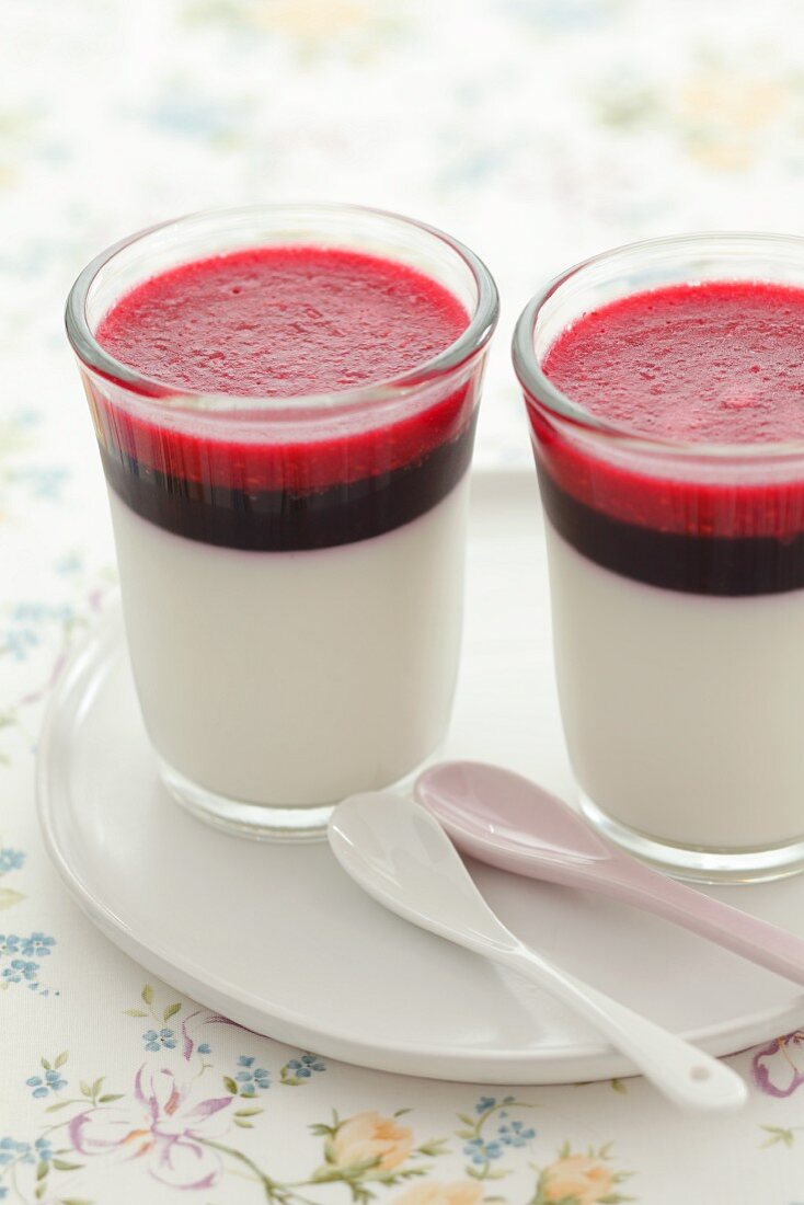 Panna cotta with blackberry and raspberry mousse