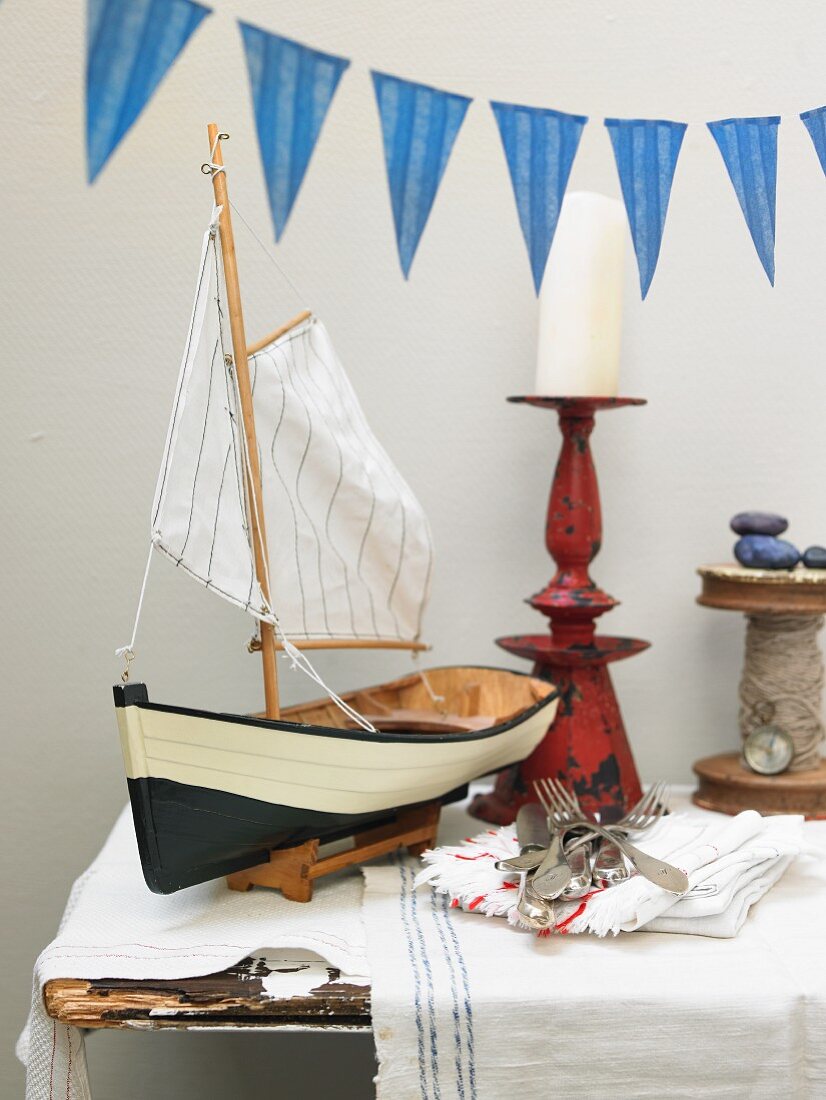 A model ship decorating a fish buffet