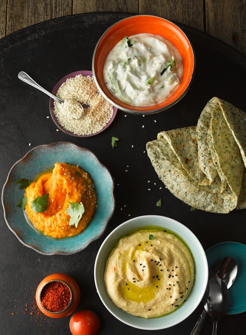 Various Oriental dips and unleavened bread