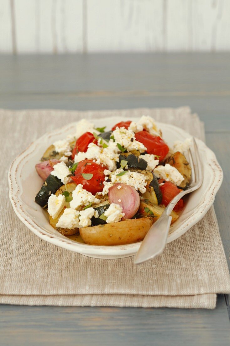 Oven-baked vegetables with feta, olive oil and thyme