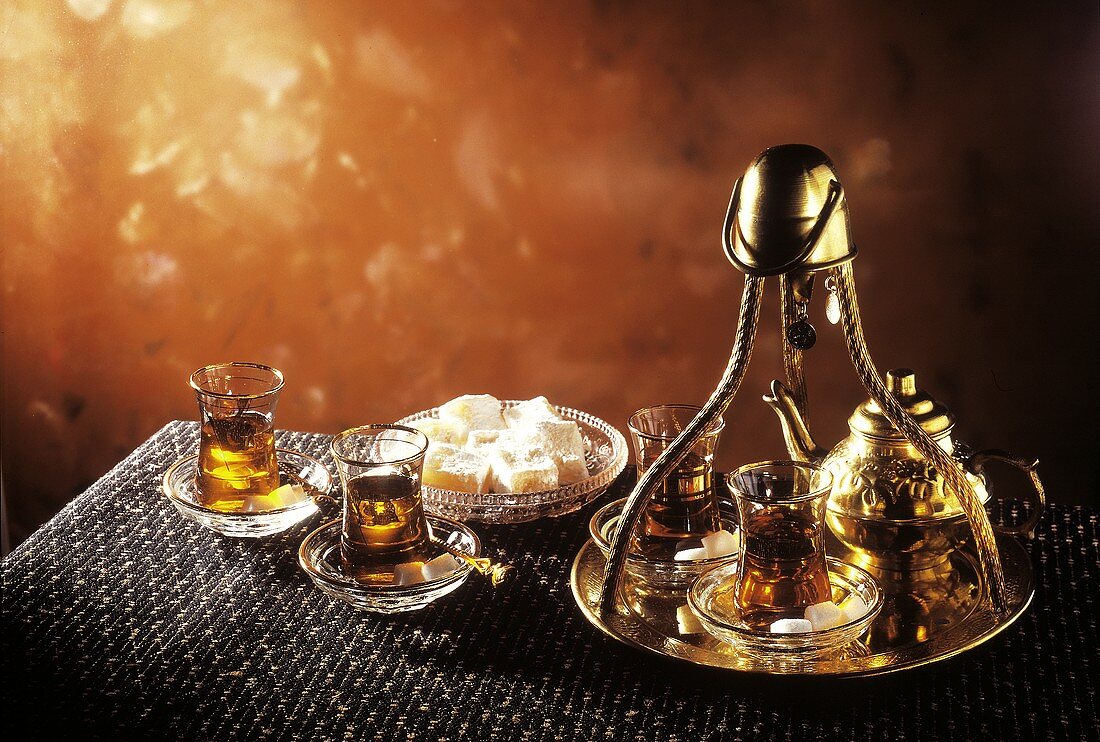 Turkish Tea Scene with Brass Accessories