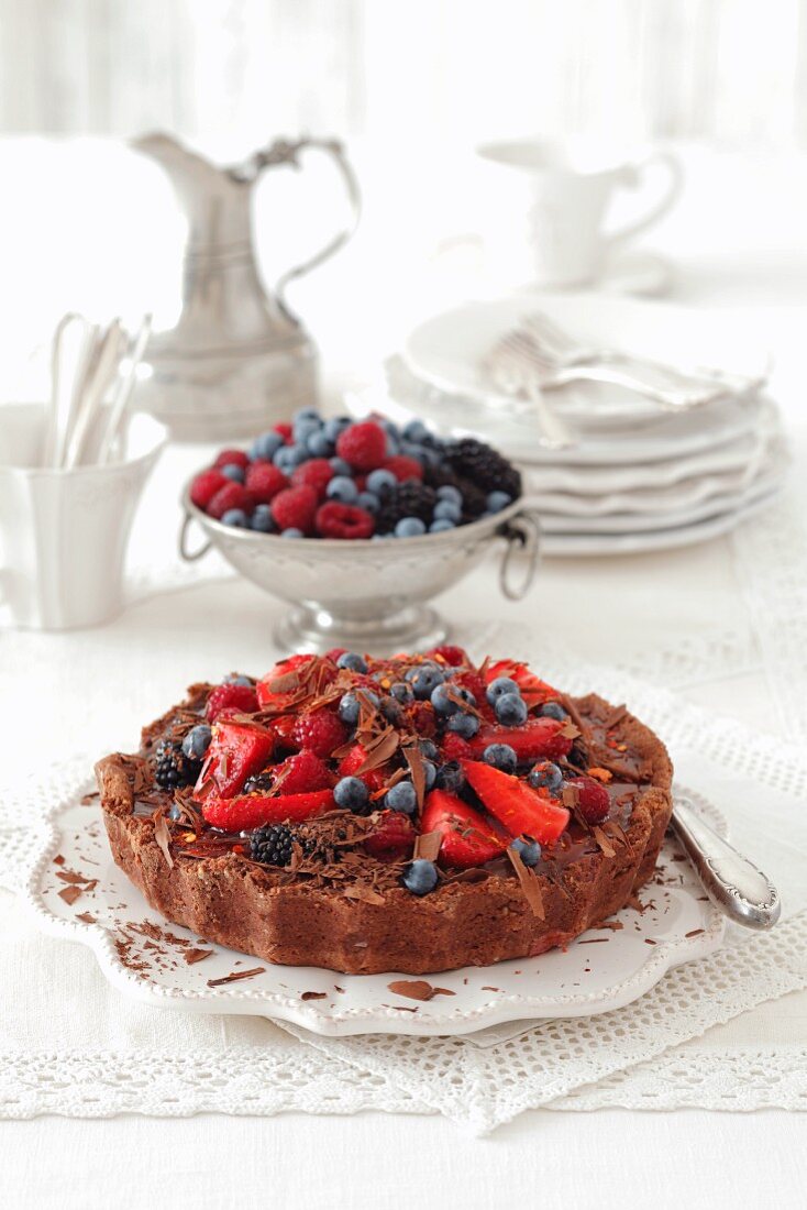 Chocolate cake topped with berries