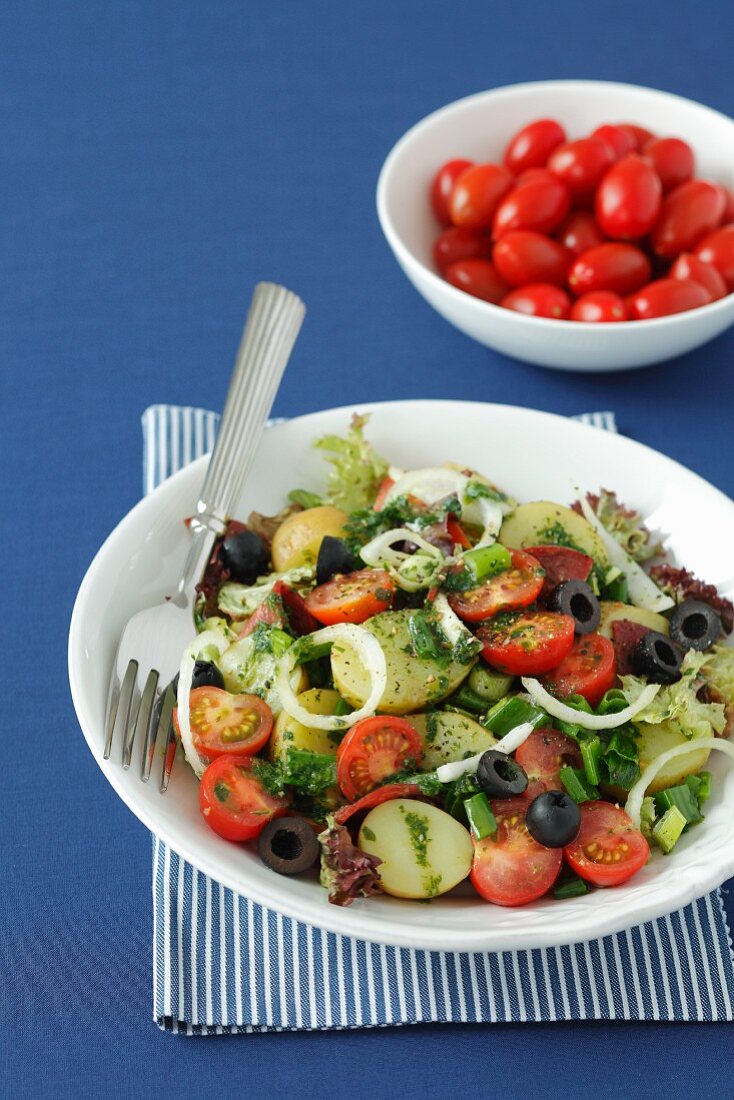 Potato salad with cherry tomatoes, olives, salami, lettuce, onions and basil pesto