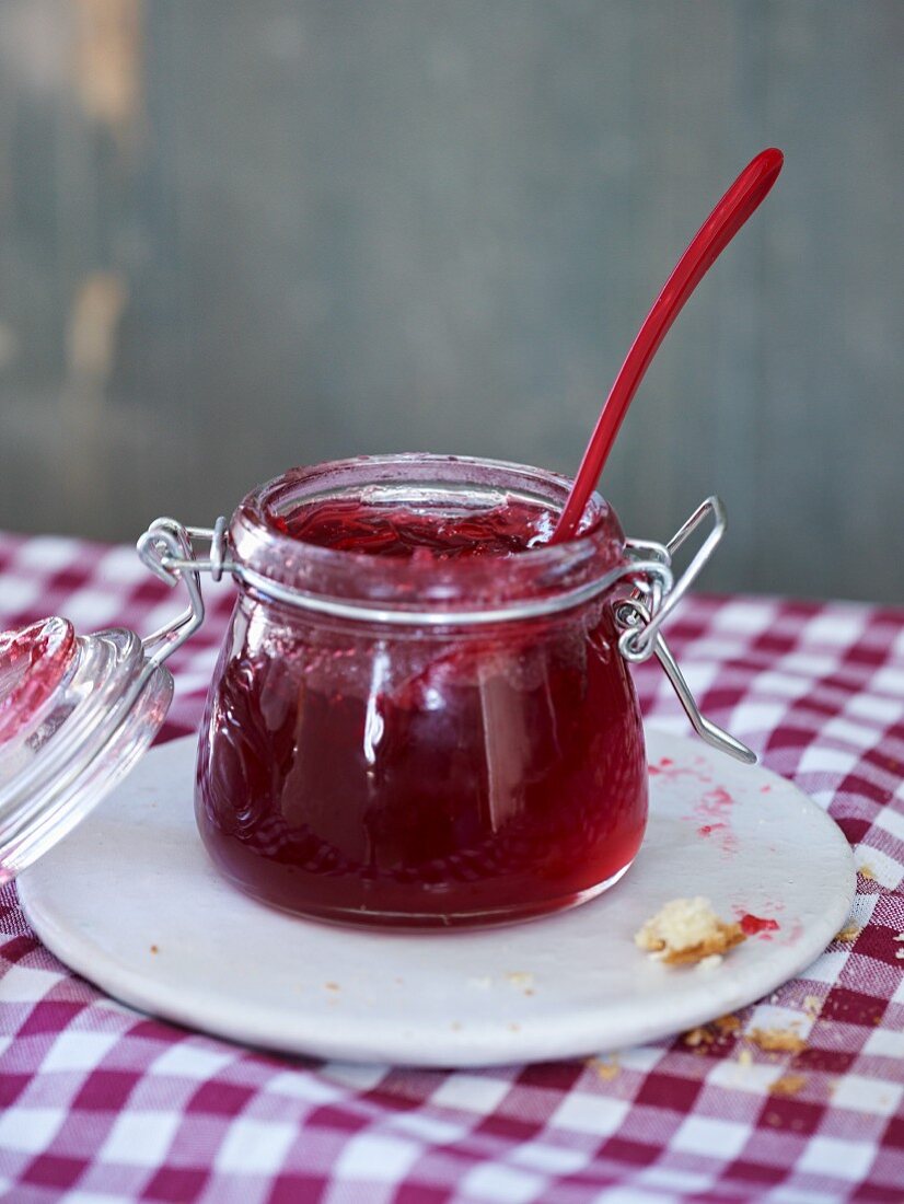 Cranberry jelly in a jam jar