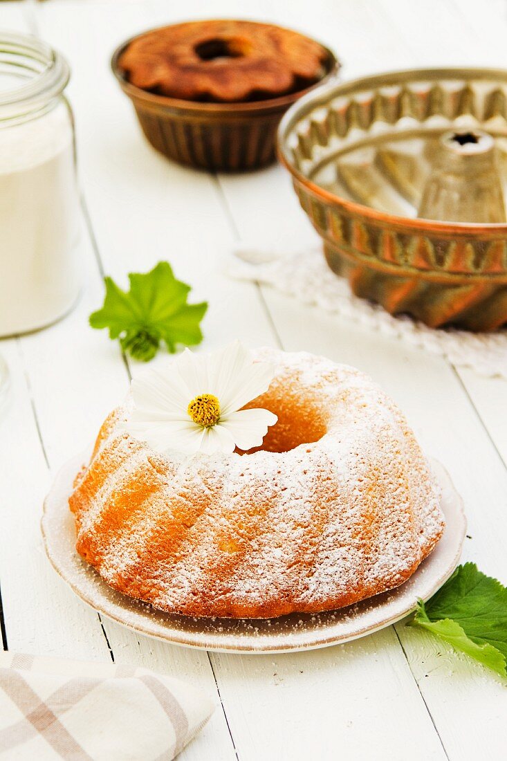 A Bundt cake dusted with icing sugar