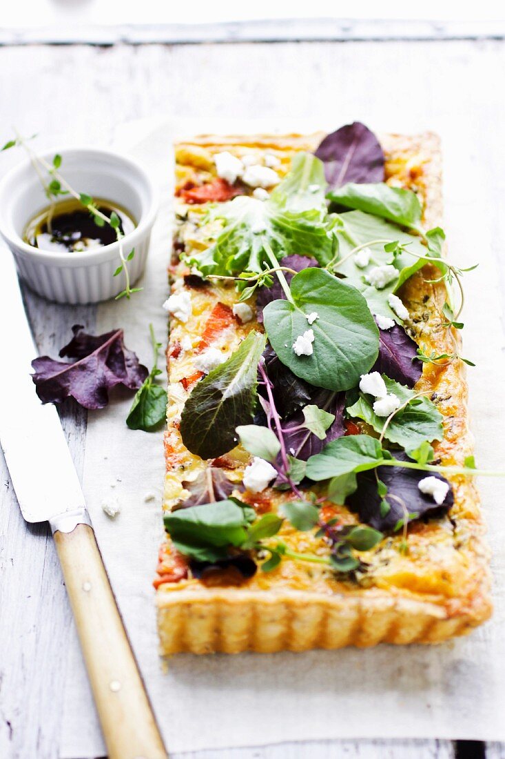 Smoked salmon, vegetable and herb tart