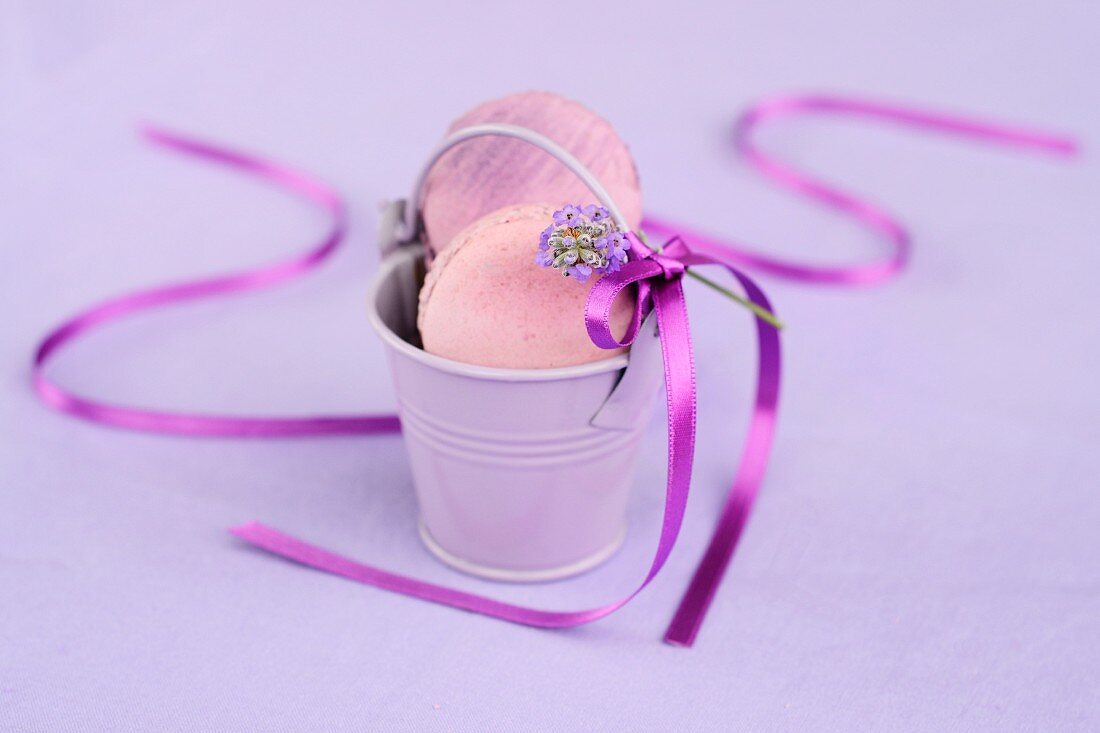 Macarons mit Geschenkband und Lavendelblüten in einem kleinen Eimer