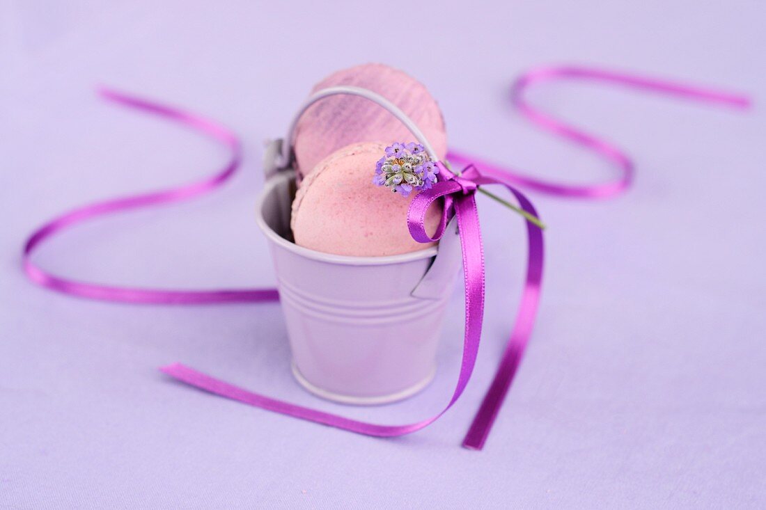 Macaroons with a ribbon and lavender flowers in a mini bucket