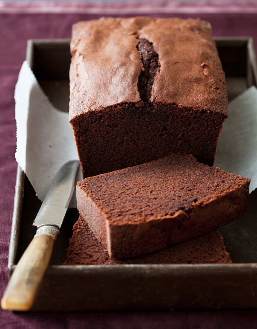 Chocolate cake, partly sliced