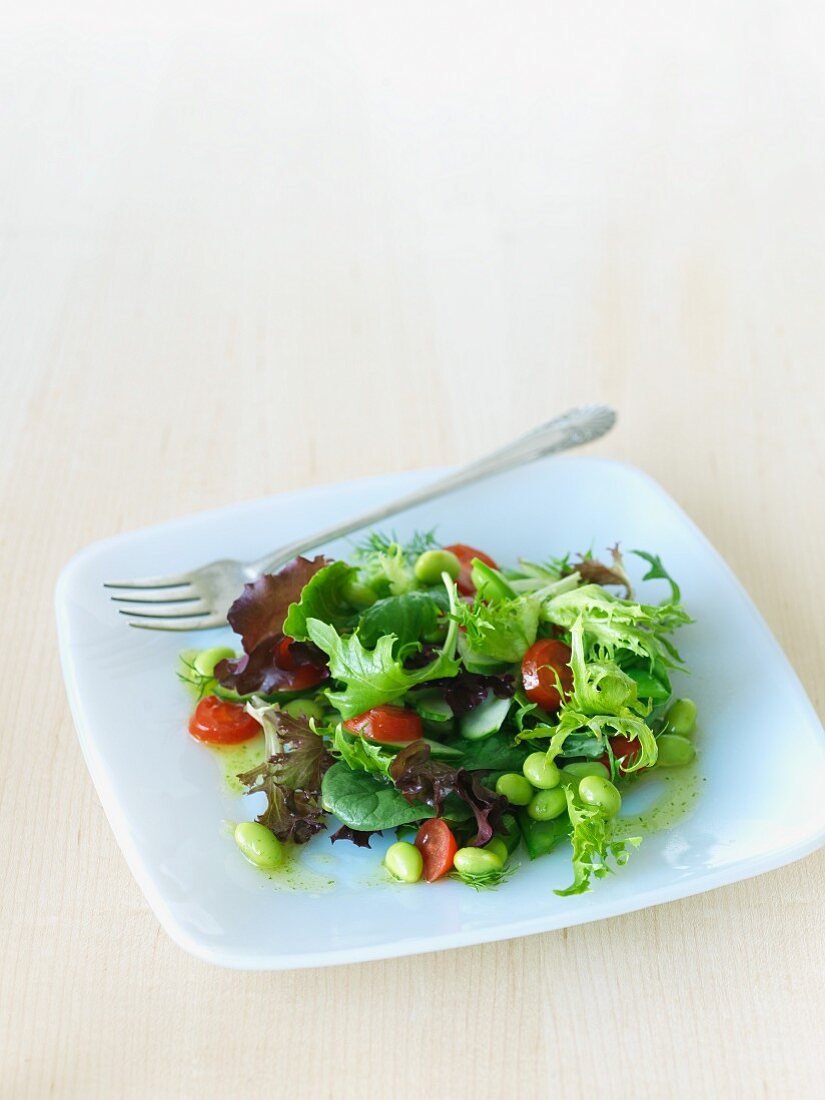 Mixed Green Salad with Edamame on a Plate with a Fork