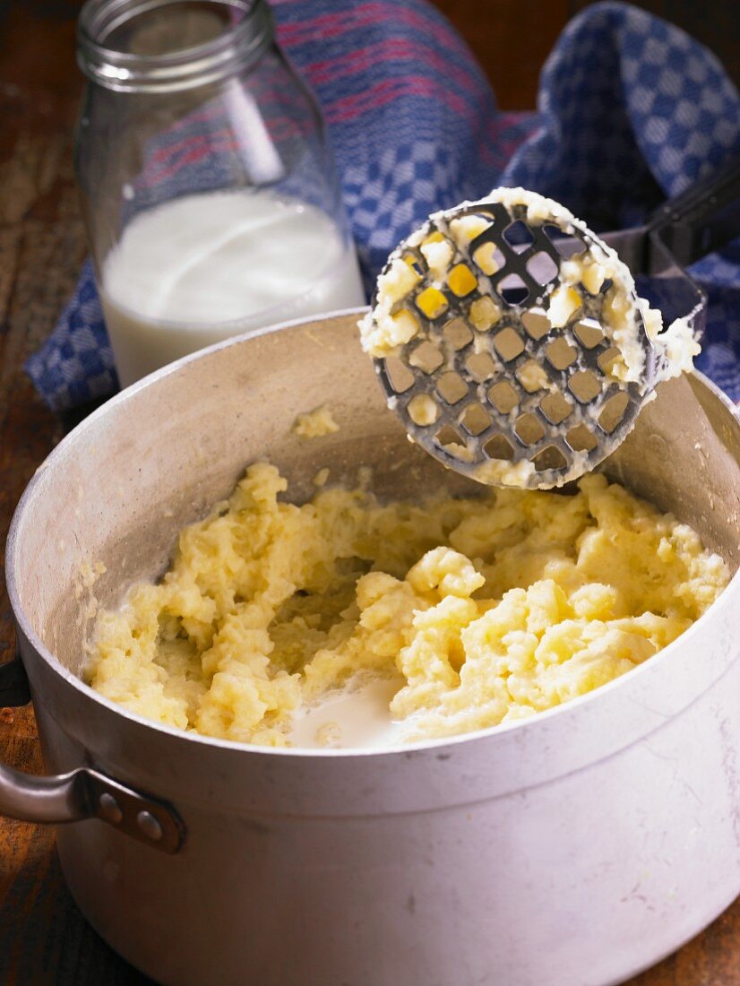Mashed potatoes and a masher in a pot