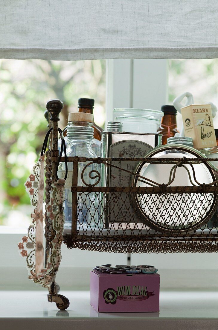 Vintage basket with necklace and toiletries
