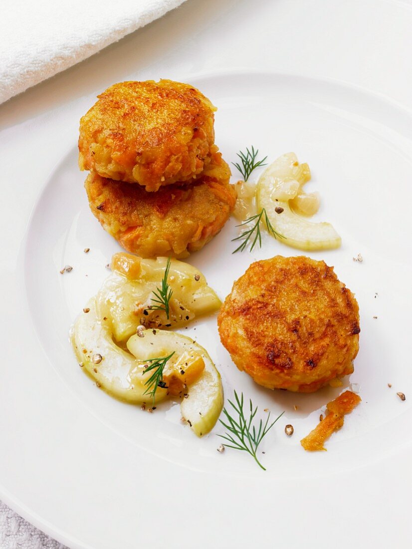 Carrot and potato fritters with a cucumber and dill medley