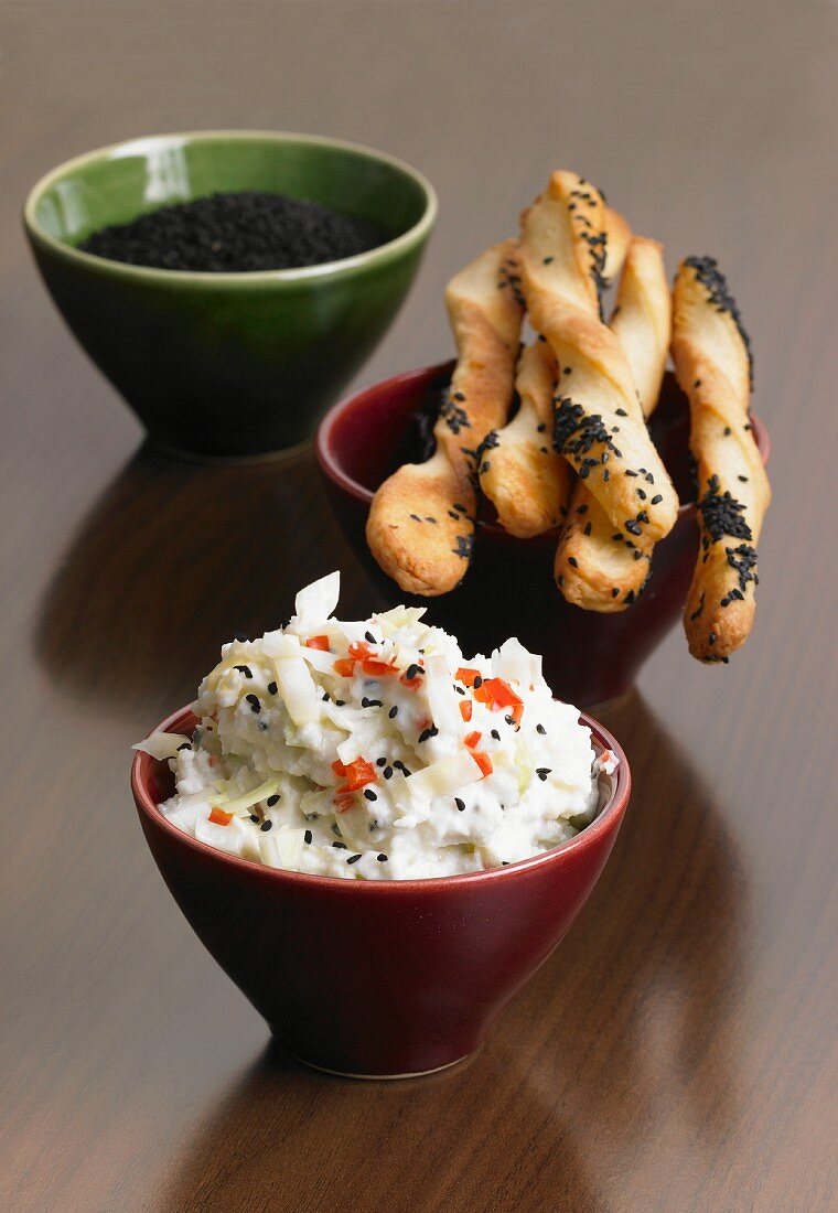 Pointed cabbage dip with caraway breadsticks